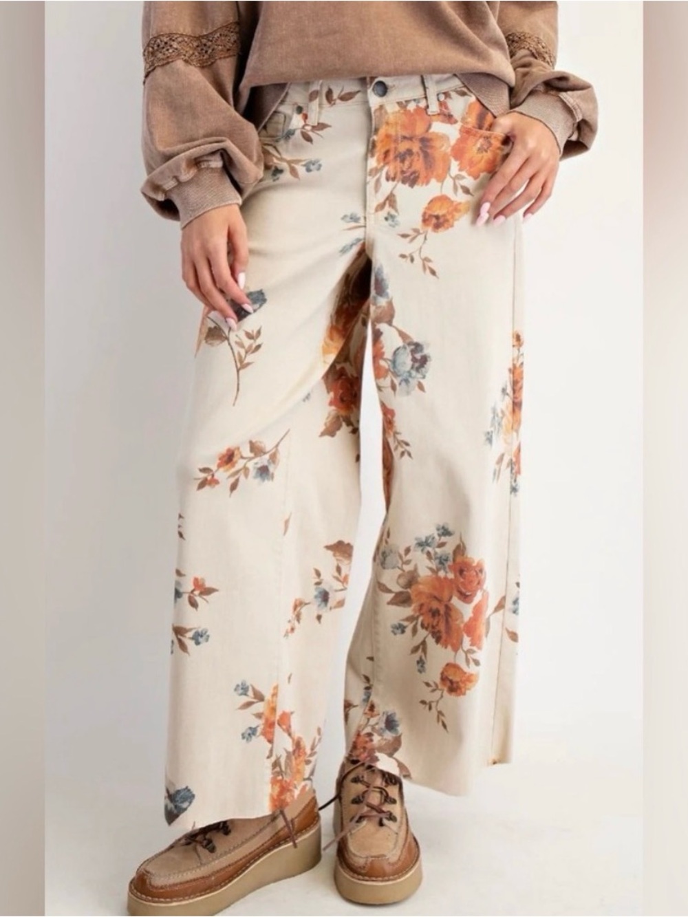 Easel Flower Print Stretch Twill Wide Leg Pants L New!